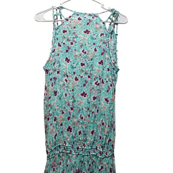 Poupette St.Barth Floral Midi Dress Women Small Aqua Elastic Waist Tassel Resort - Picture 9 of 16